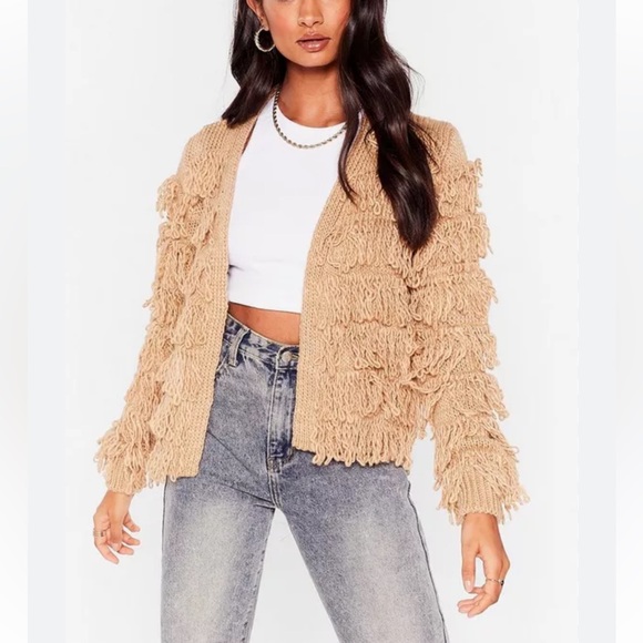 Nasty Gal Tan Gimme More Shaggy Tassel Wool Blend Cardigan Sweater Medium - Picture 8 of 8